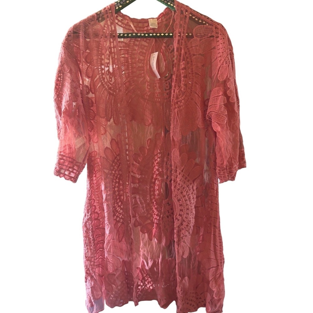 Pink Lace Sheer Kimono Cardigan Open Front Boho Cover Up